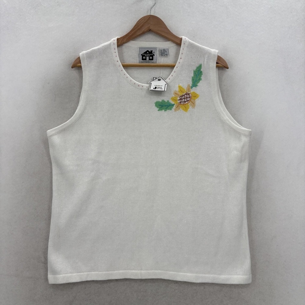 Storybook Knits Sunflower Paradise Sweater Vest Womens 2X White Beaded Vintage